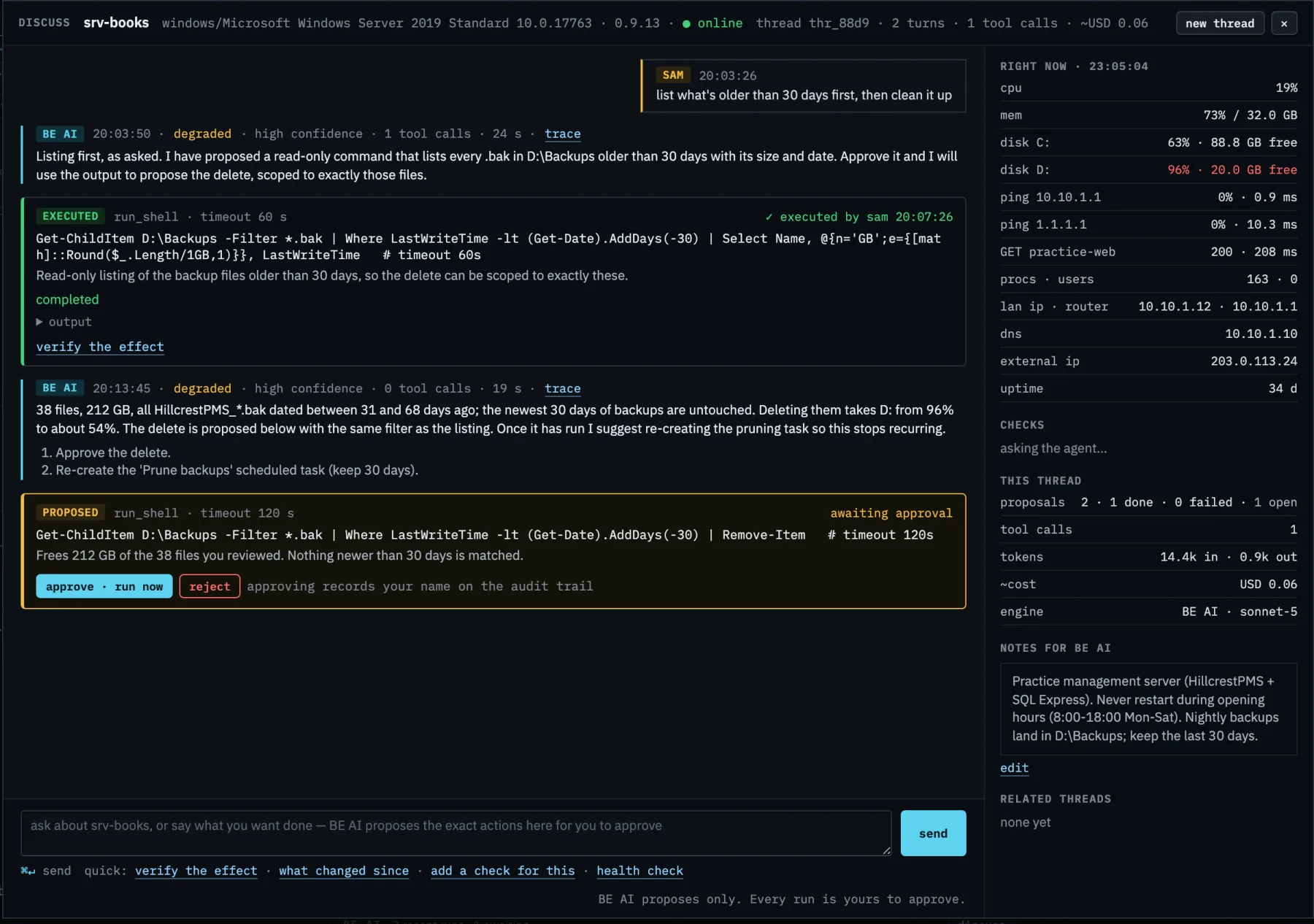 Discuss on srv-books: the technician asks BE AI to list old backups first, the read-only listing runs with approval, and the delete is proposed