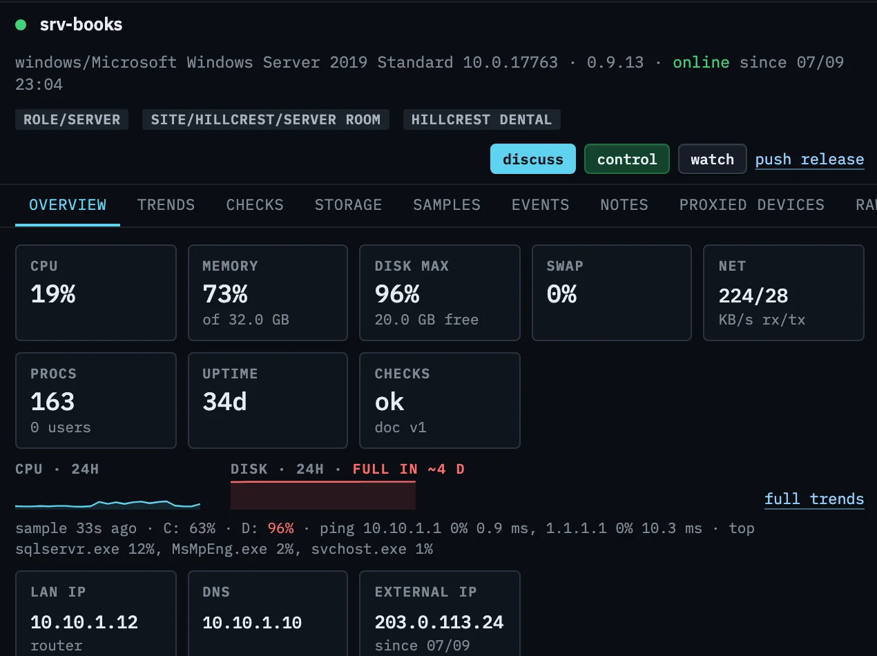 One machine's overview: tiles for CPU, memory, disk, network, uptime and checks, 24-hour sparklines, and its LAN, DNS and external addresses