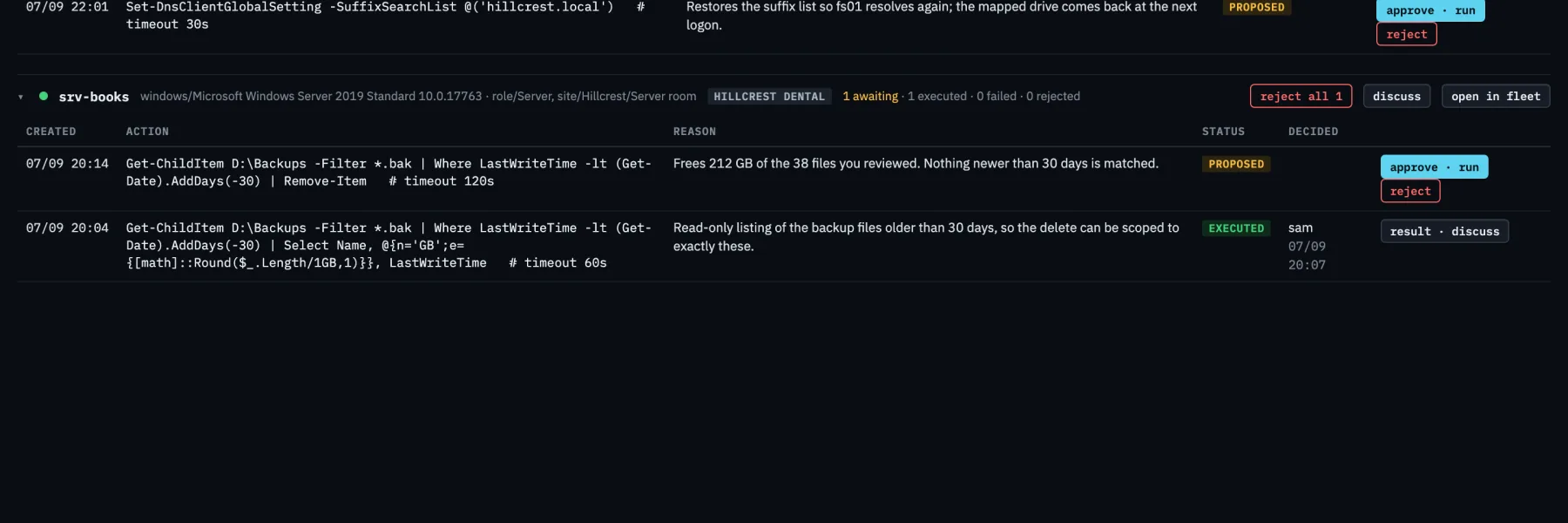 Proposals view grouped by machine: one executed listing, two proposals awaiting approval, each with the exact command and the reason