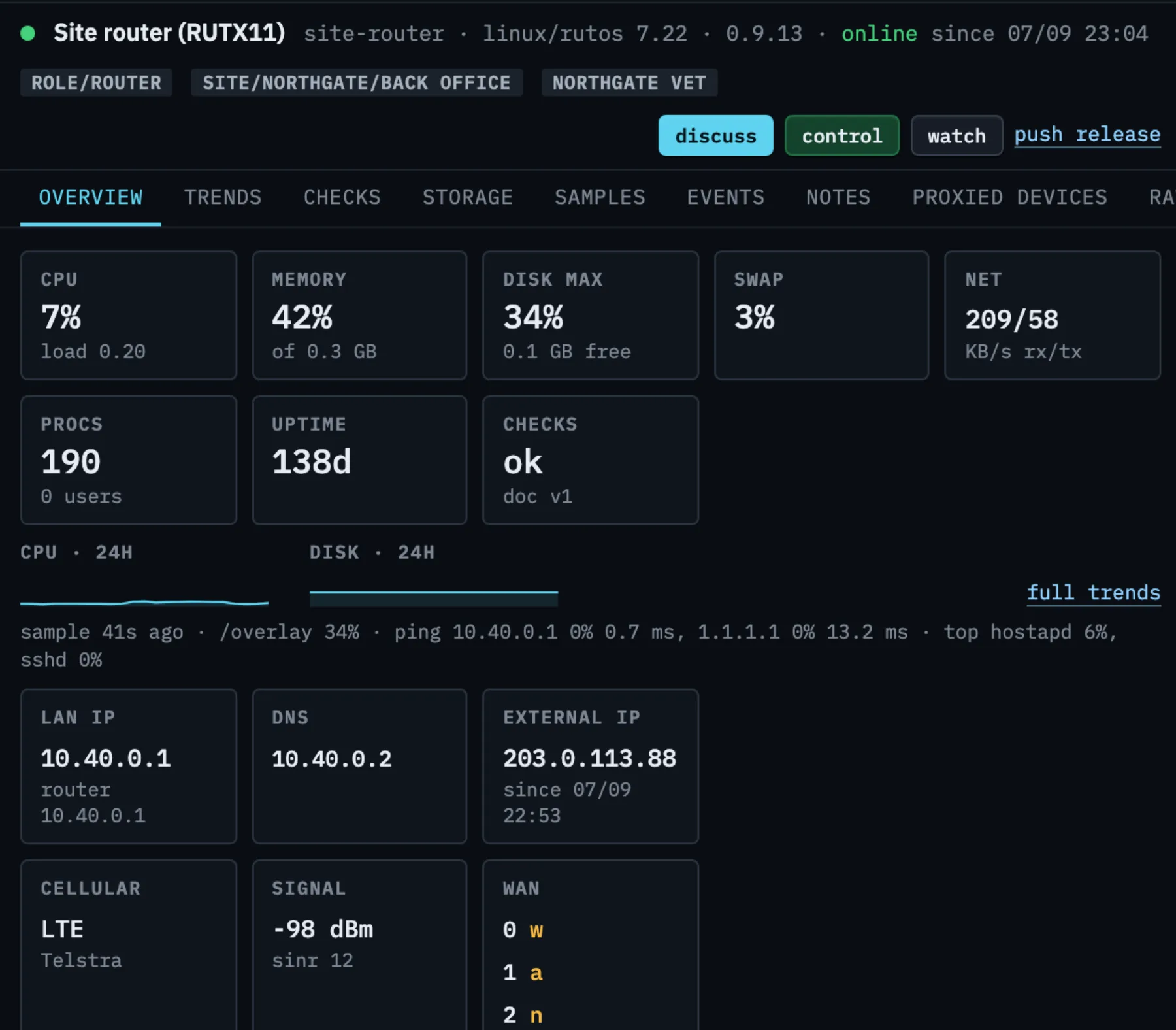 A Teltonika RUTX11 in the console: LTE, signal strength, operator, WAN failover state, LAN and external address