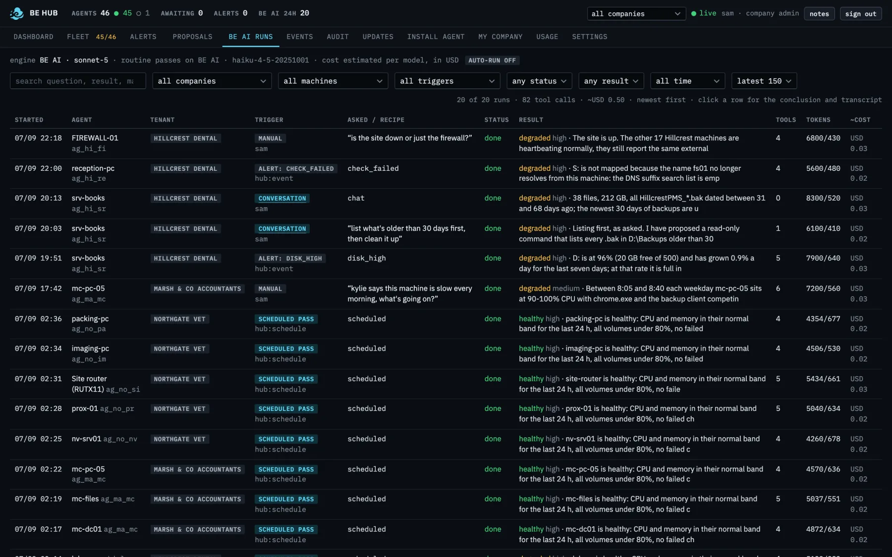 BE AI runs list: every investigation with its trigger, question, classification, tool calls, tokens and estimated cost